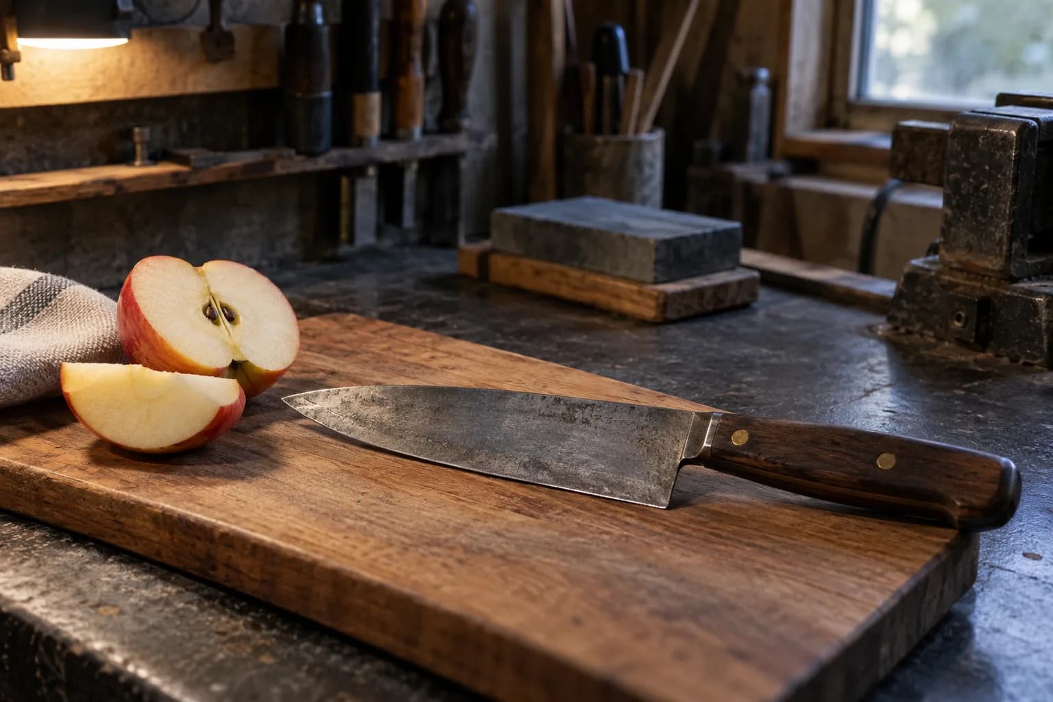 Gray-patinated carbon-steel kitchen knife with dark wood handle on a wooden board beside a cut apple in a workshop.