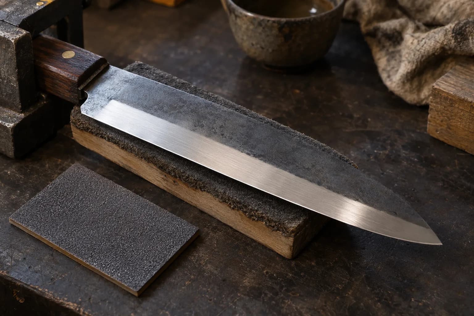 Gray-patinated knife on a padded block with a bright brushed strip cleaned to steel and a fine abrasive piece beside it.