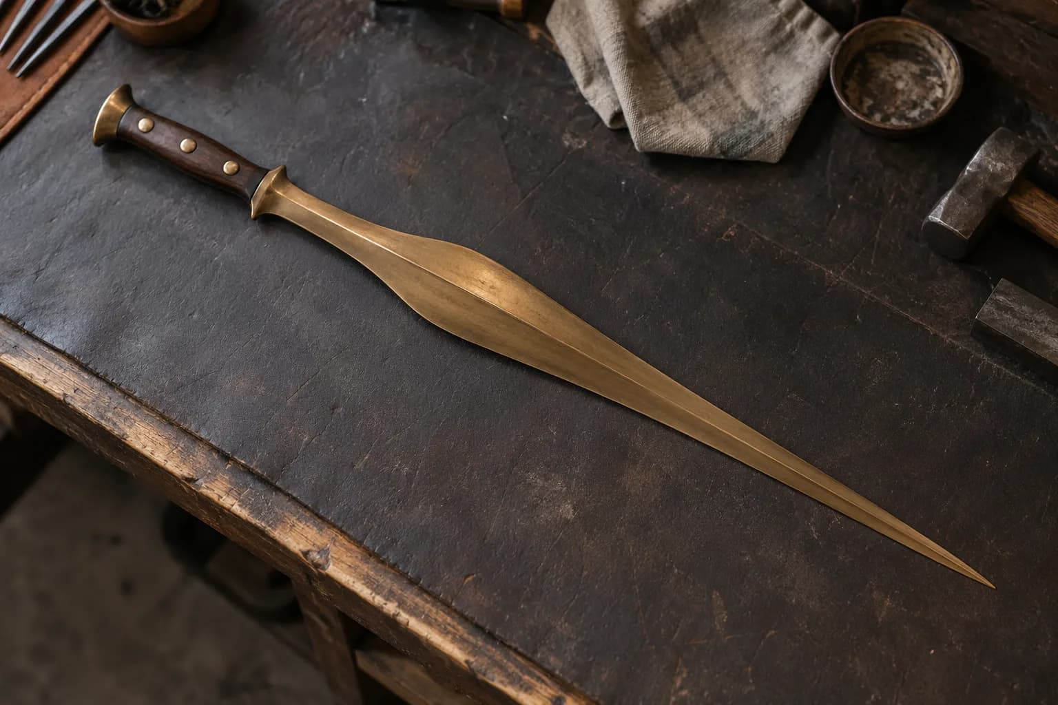 Bronze leaf-bladed sword with a dark wood grip lying on a worn leather-topped bench, blade narrowing then swelling to a point.