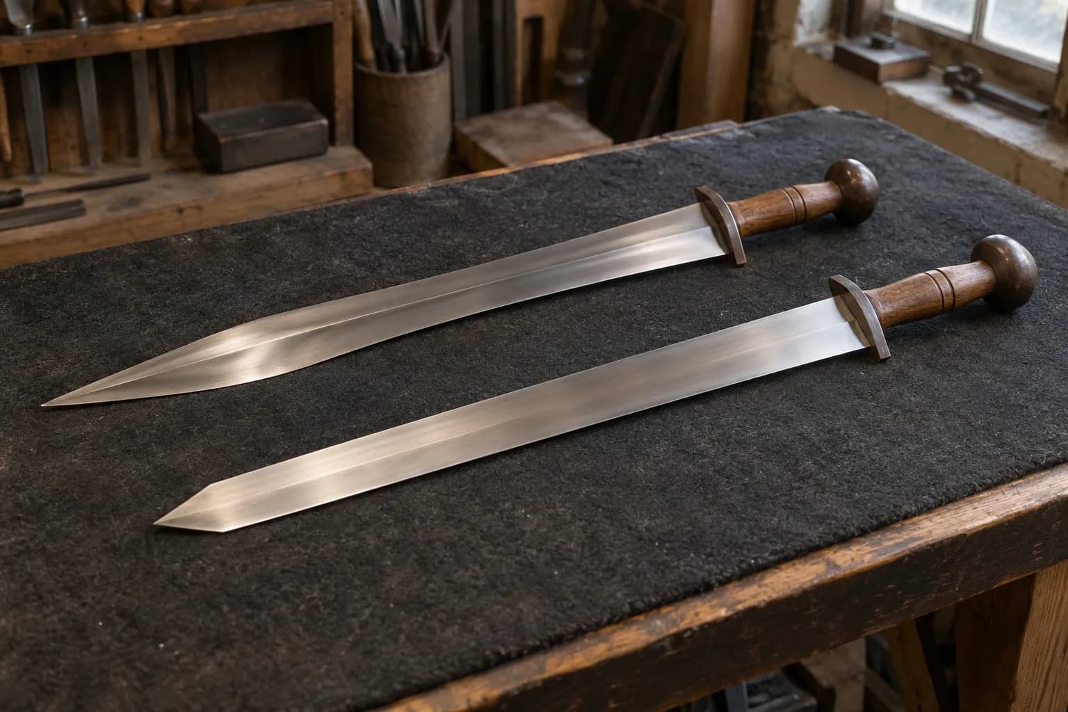 Two gladius replicas on dark felt, one waisted with a long taper and one straight-edged with a short point, wood grips on the right.