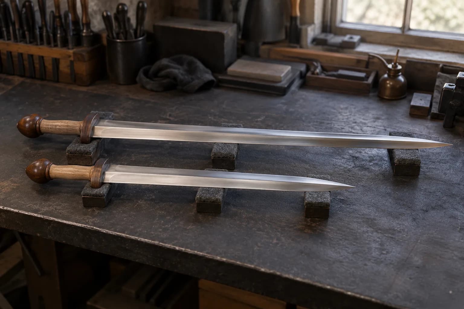Long spatha above a shorter gladius, each resting on three felt-topped blocks on a dark steel bench, hilts at left.