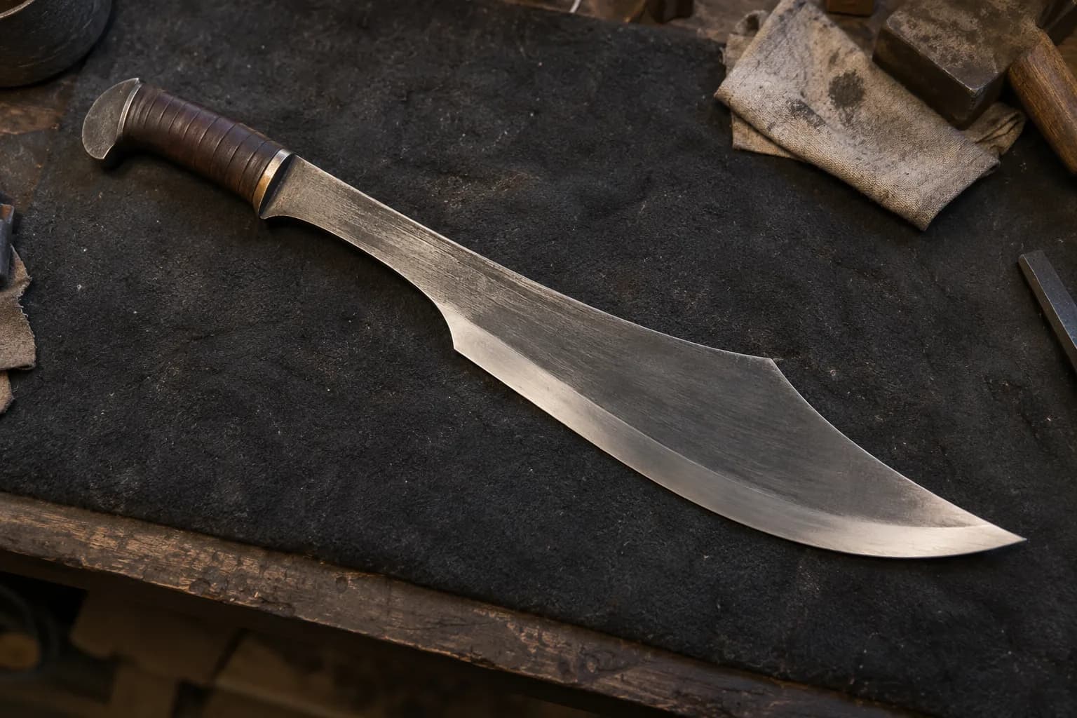 Single-edged forward-curved kopis-style sword with leather-wrapped grip lying on dark felt on a shop bench, tip pointing right.