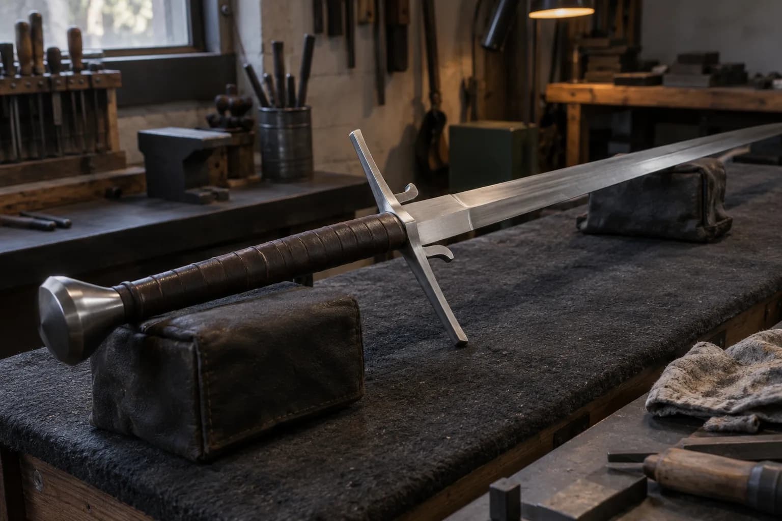 Greatsword replica on padded supports showing a long leather grip, wheel pommel, crossguard, ricasso and parrying lugs.