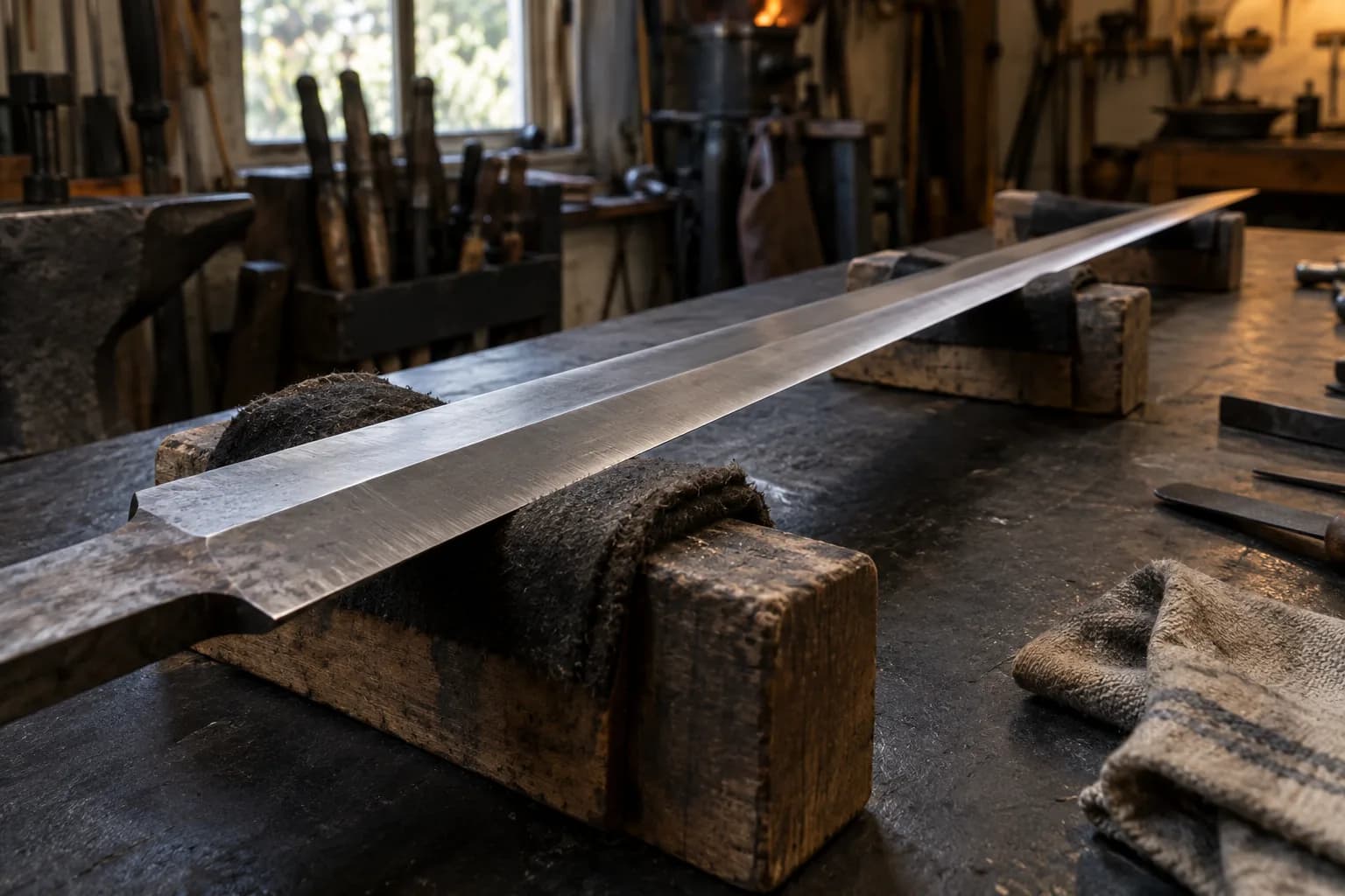 Long unfinished greatsword blade on three padded wooden blocks, narrowing from the ricasso toward the point.
