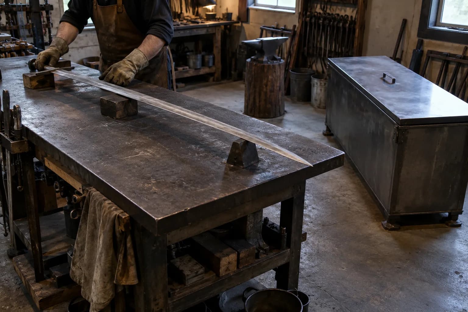 Long rough sword blank on bench blocks, a gloved smith steadying it, beside a closed horizontal steel quench tank.