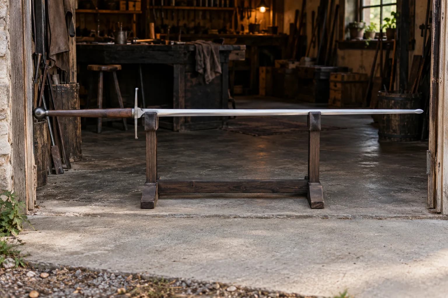 Long two-handed practice sword resting on a padded wooden stand in a wide shop doorway, full grip and blade visible