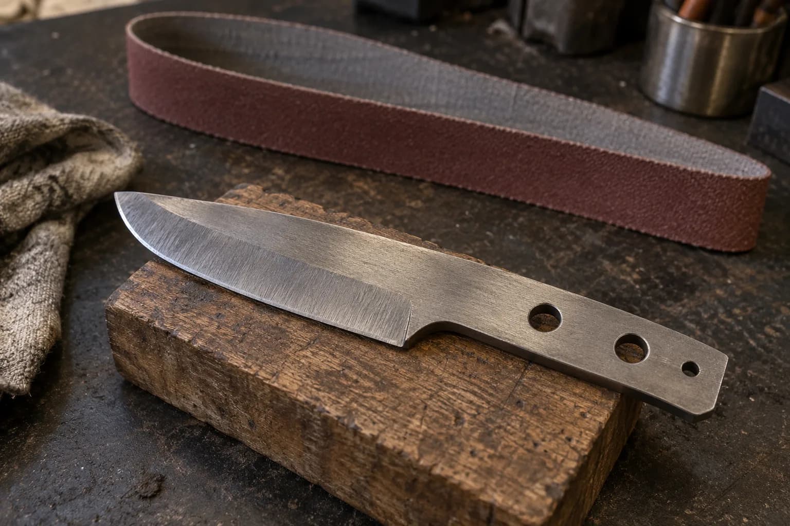 Drilled stainless knife blank with rough ground bevels on a wooden block, a maroon abrasive belt lying behind it.