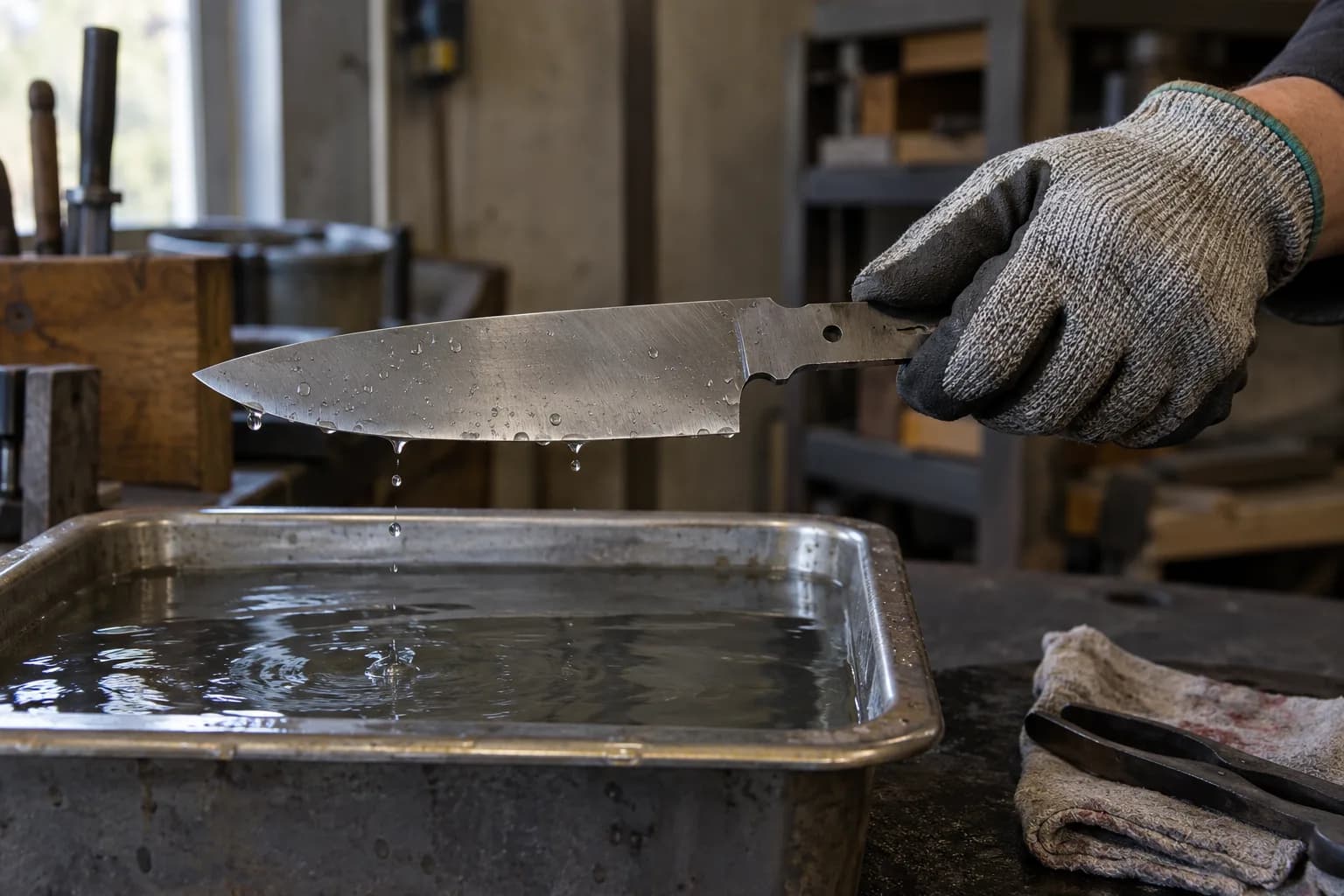 Gloved hand lifts a gray stainless knife blank by its tang above a steel water tray, with droplets falling from the edge.
