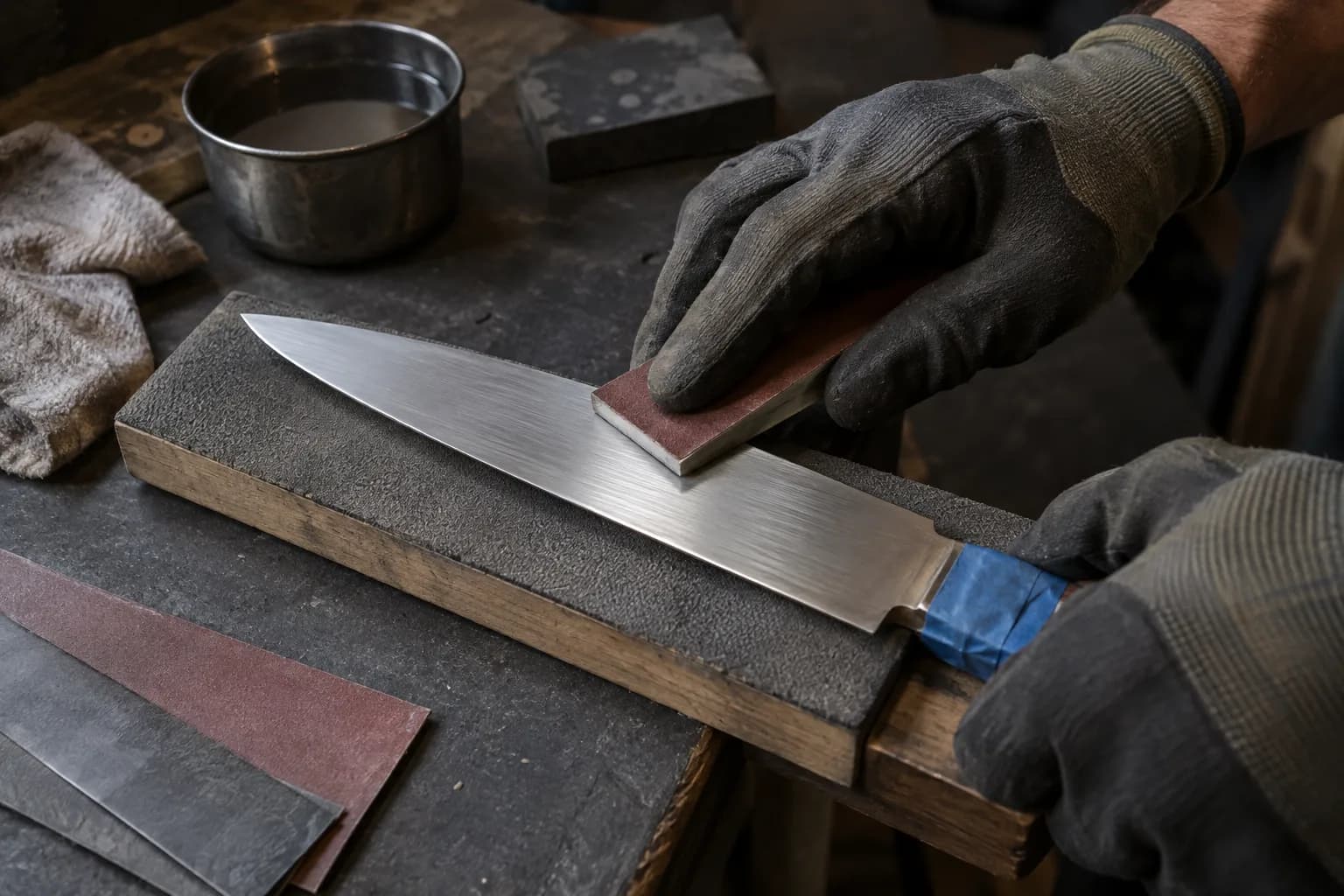 Gloved hands work a hard sanding block lengthwise along a stainless chef's knife blade on a padded board.