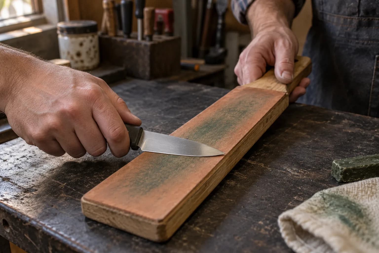 Hand draws a small stainless knife across a green-compound leather strop paddle while the other hand holds the paddle handle