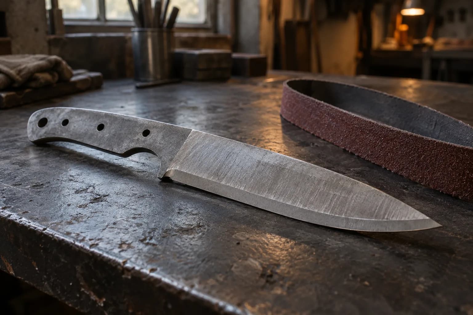 Near-profiled gray steel blank with four tang holes and rough bevels on a worn bench, a coarse abrasive belt beside it.