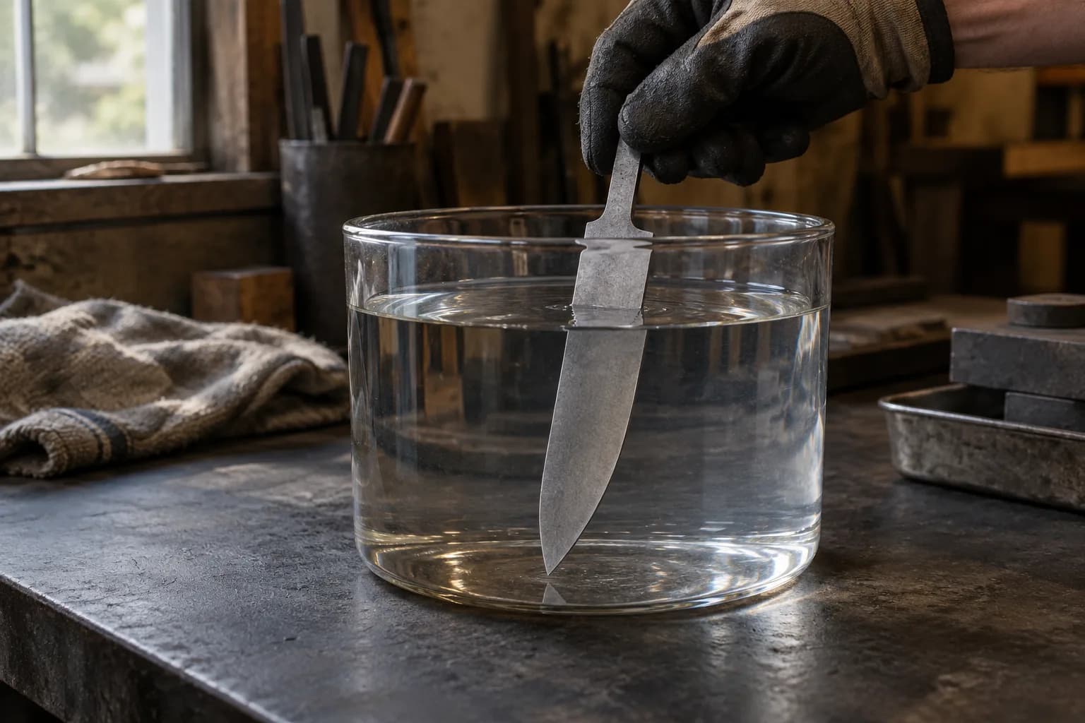 Gloved hand holds a gray knife blank by the tang, blade dipped in a clear pot of water on a dark bench.