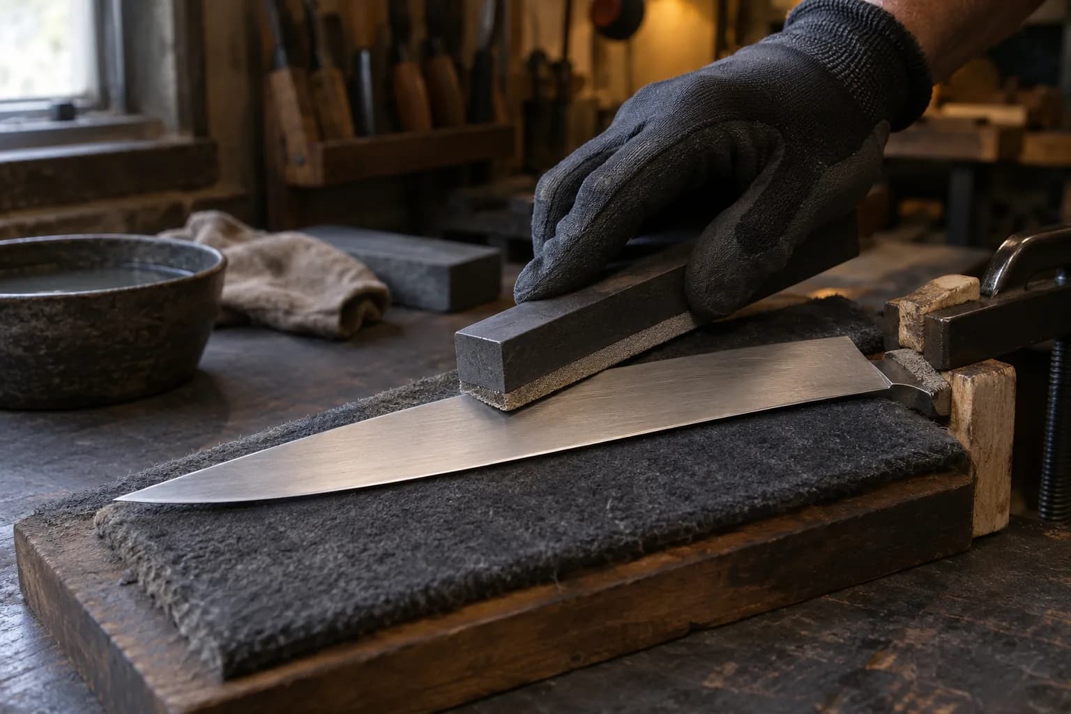 Gloved hand draws a hard abrasive block along a blade clamped on a felt pad, leaving even lengthwise satin scratches.