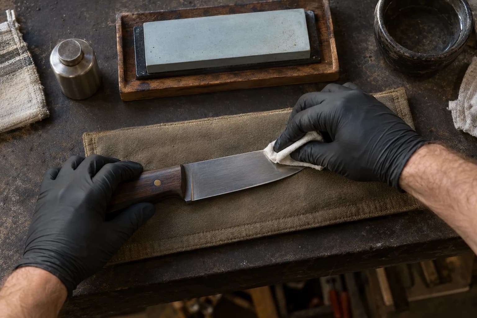 Overhead view of gloved hands wiping a knife blade flat with a cloth on canvas, stone and plain oil tin behind.