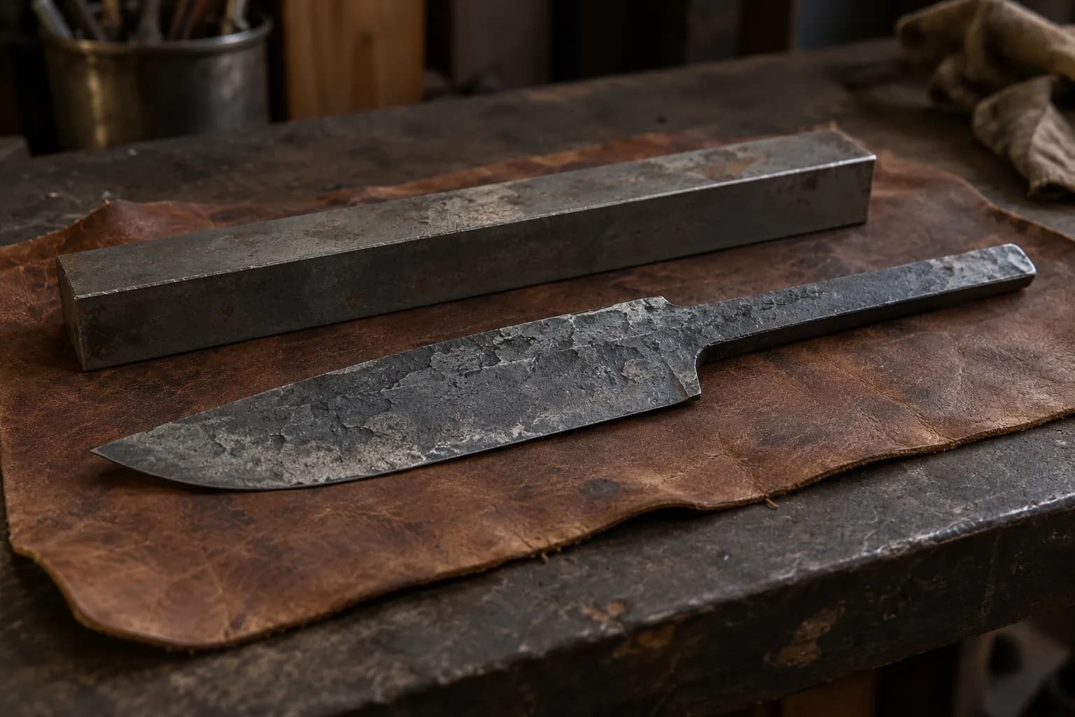 Cold rough-forged knife blank with hammer-scaled surface and flat tang beside a steel bar on a worn leather pad.