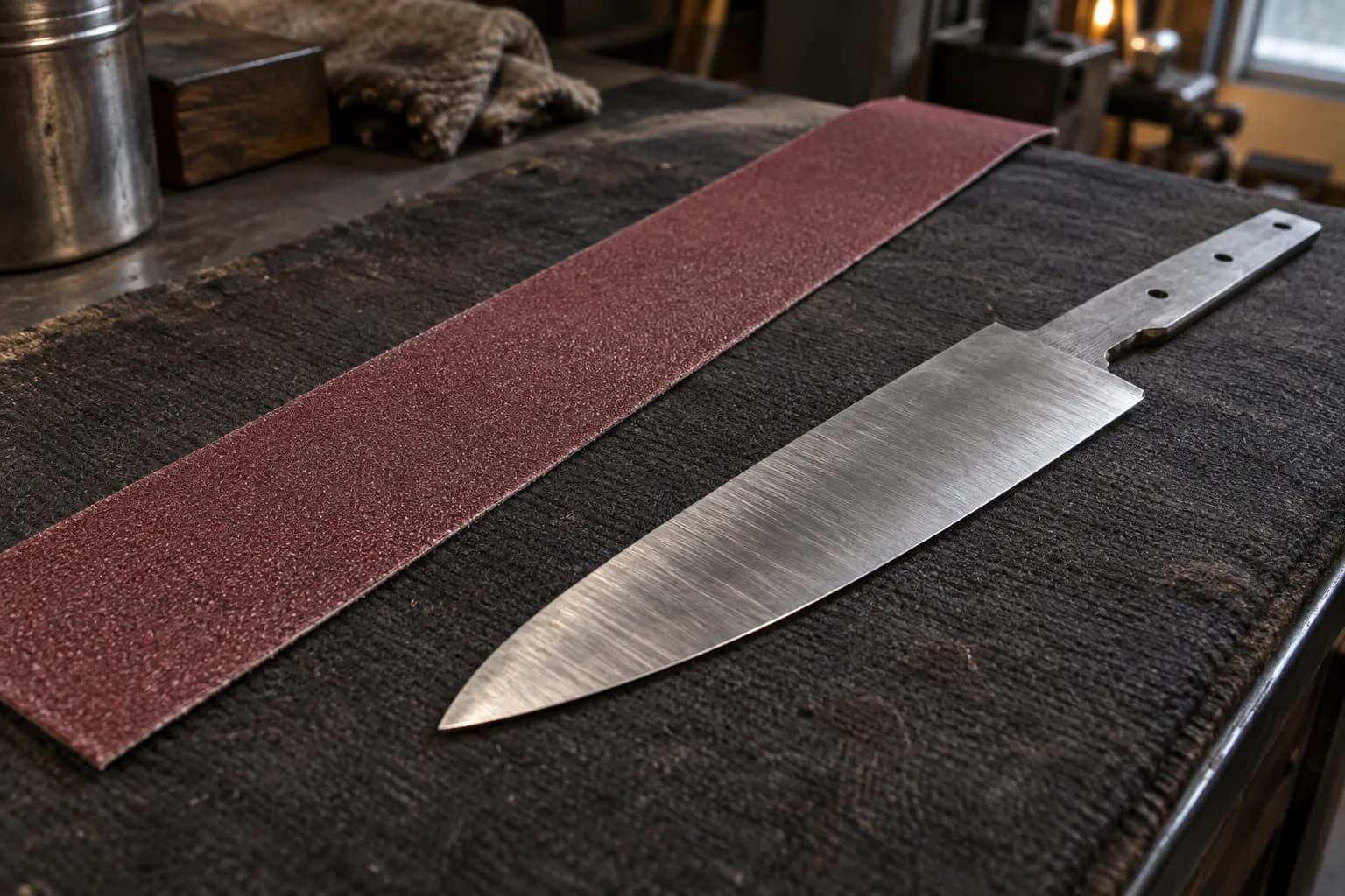 Maroon ceramic abrasive strip beside a bright ground chef knife blank with fine linear scratches on a dark bench pad