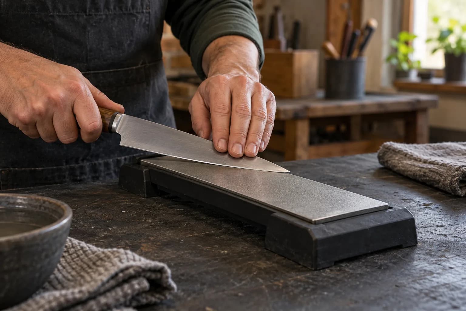 Hands holding a kitchen knife at a low angle on a diamond sharpening plate in a black nonslip holder