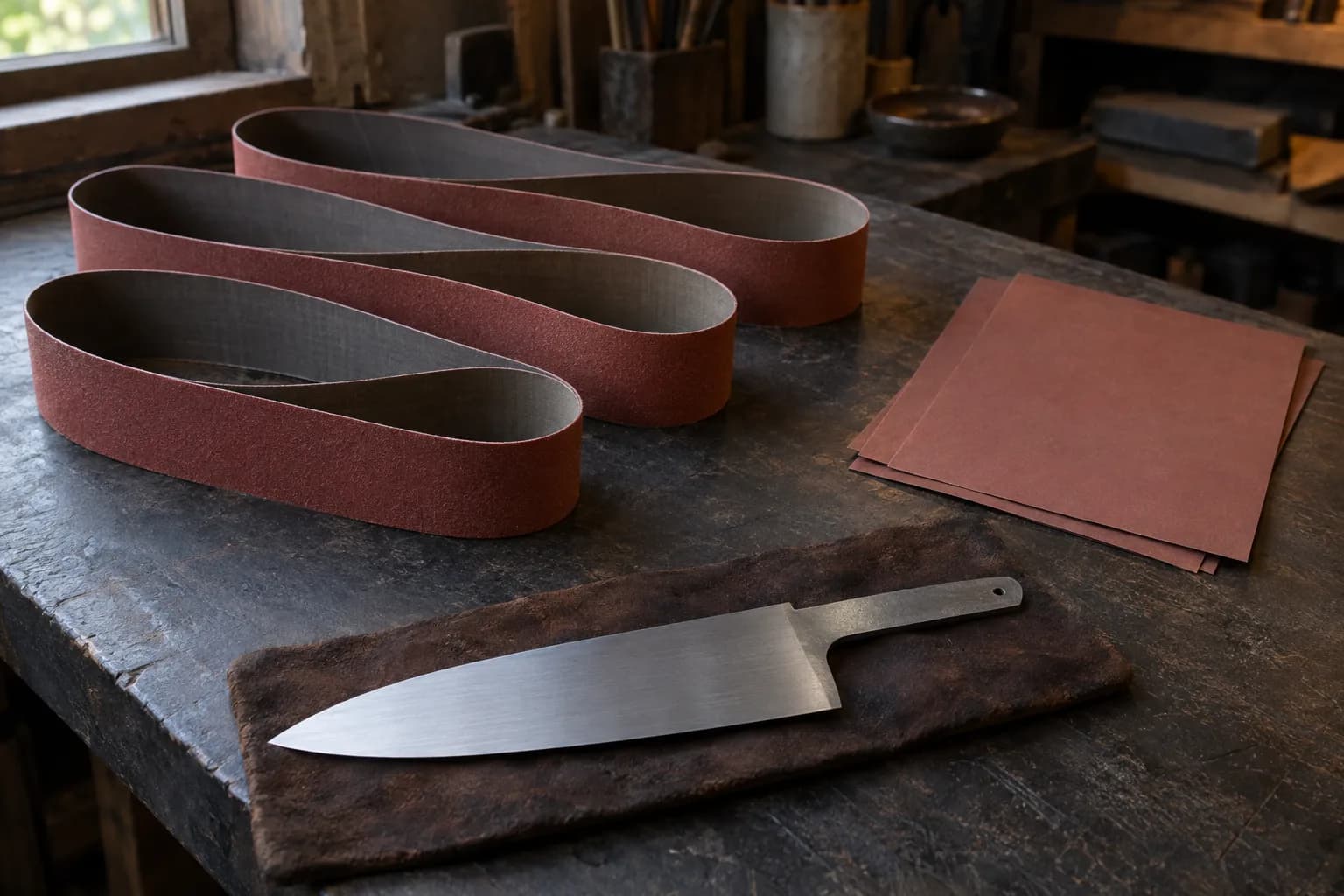 Three fresh ceramic belt loops and a stack of plain finishing paper beside a satin knife blank on a leather pad