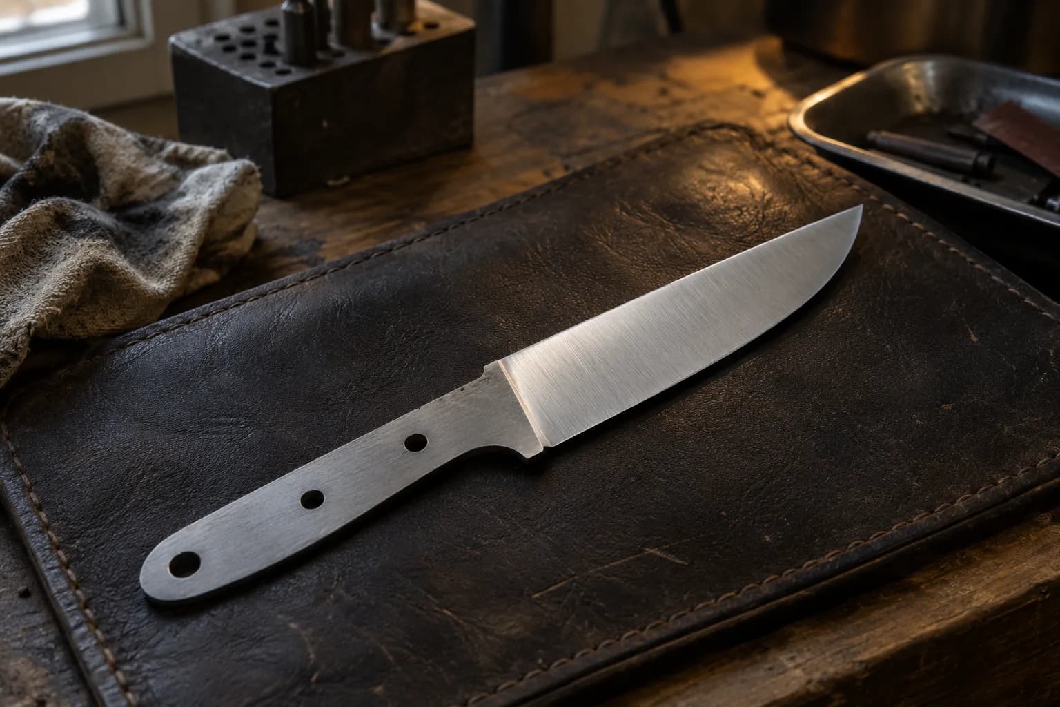 Satin-finished utility knife blank with a three-hole tang resting flat on a dark stitched leather bench pad.