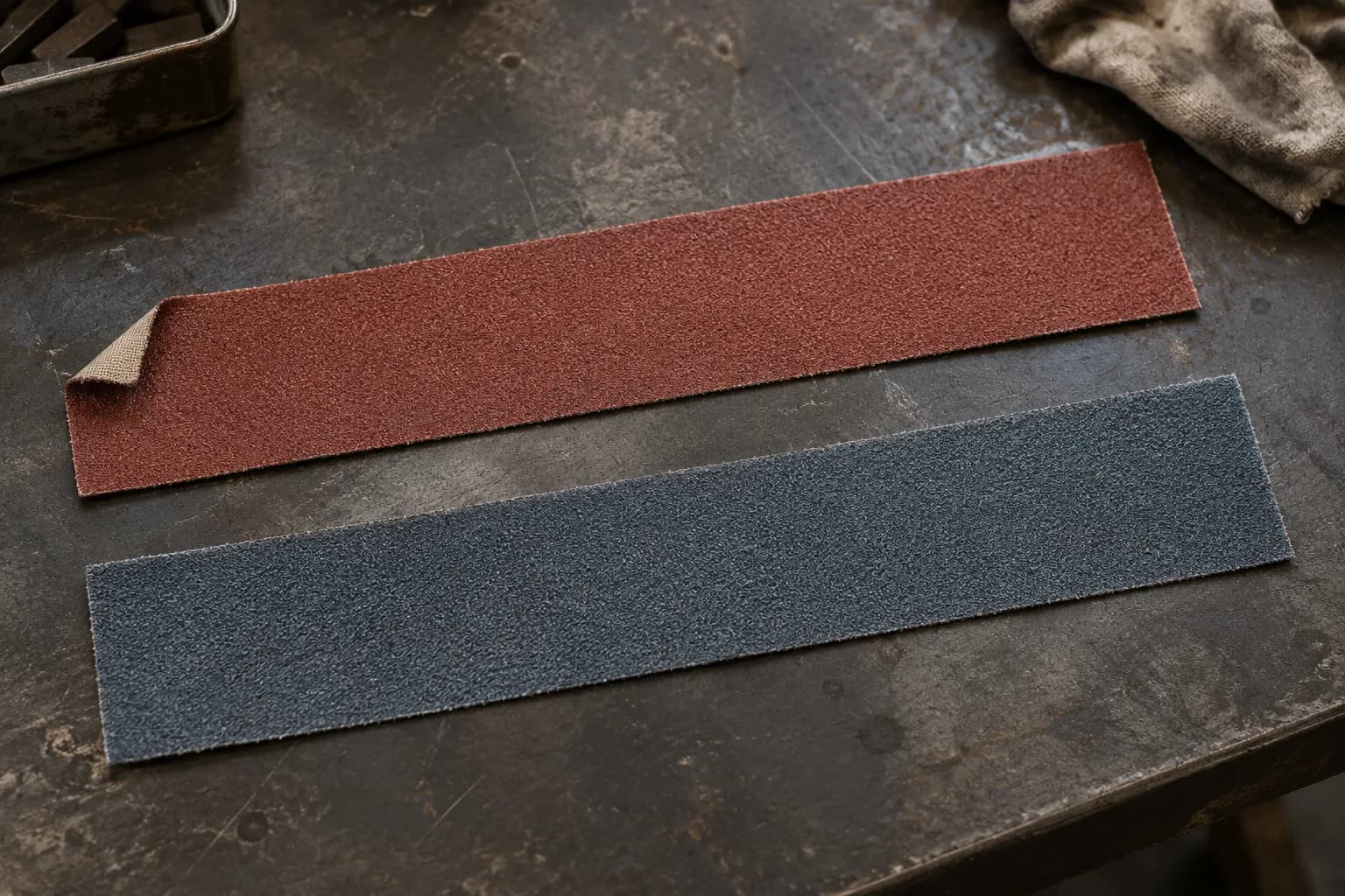 Two flat cloth-backed abrasive strips, one red-brown and one blue-gray, on a worn steel bench, one corner turned up.