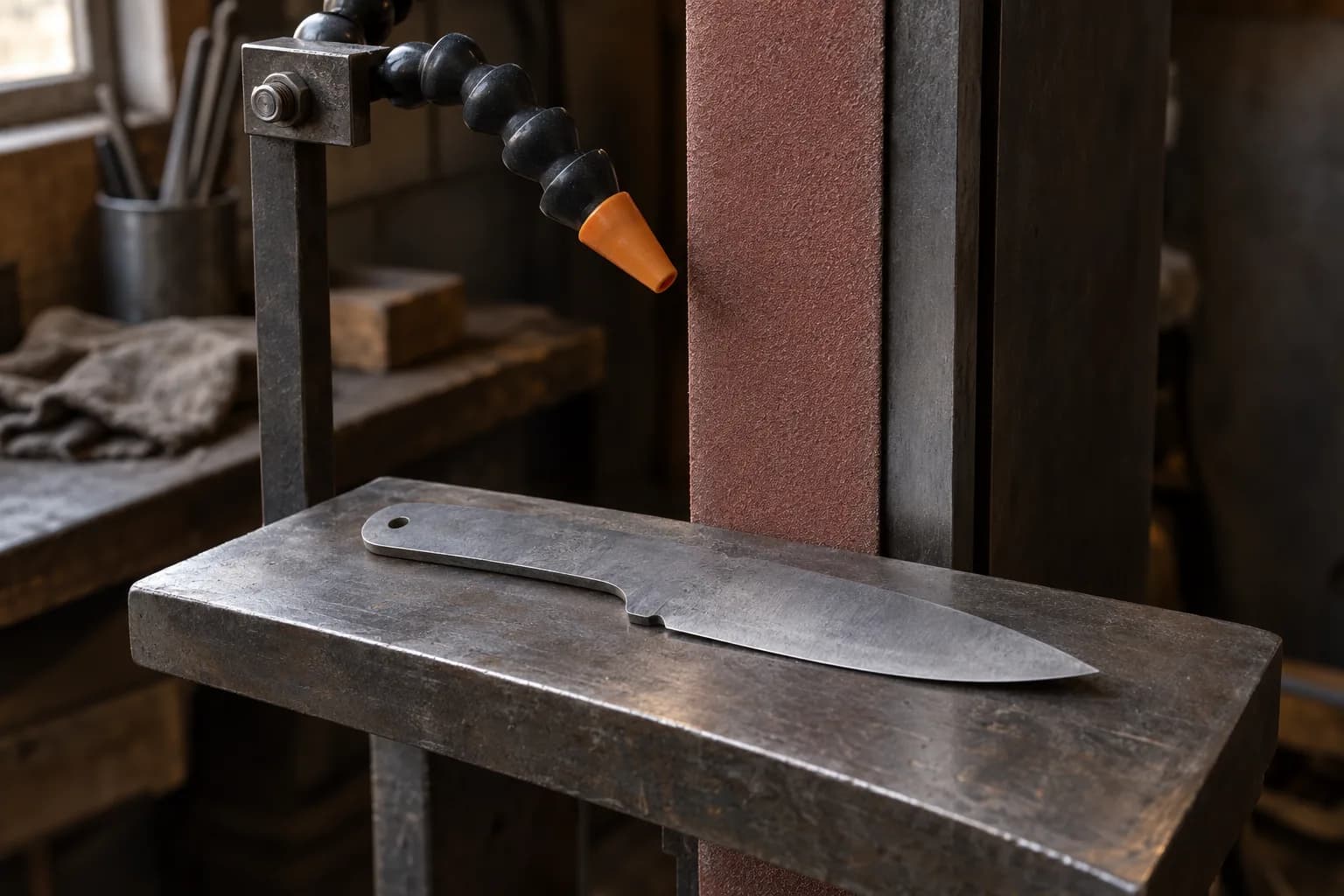 Jointed coolant nozzle with orange tip aimed at a vertical abrasive belt, with a gray knife blank on the steel work rest.