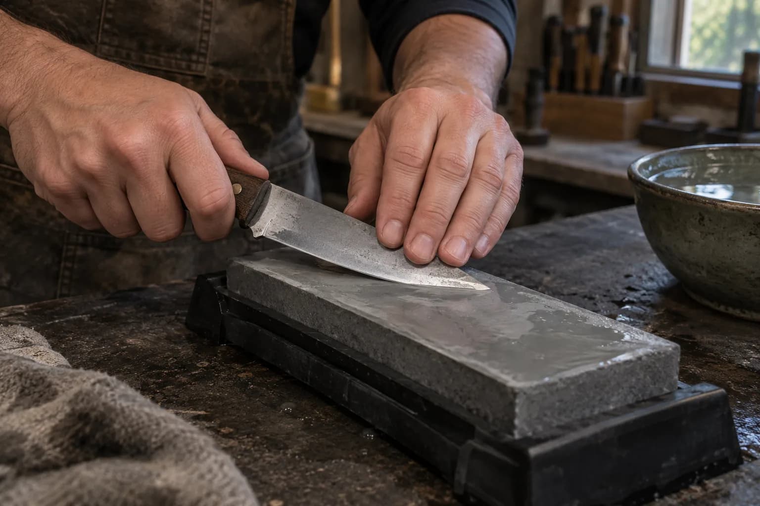 Hands drawing a wood-handled knife across a wet gray bench stone held in a black nonslip holder, water bowl behind.
