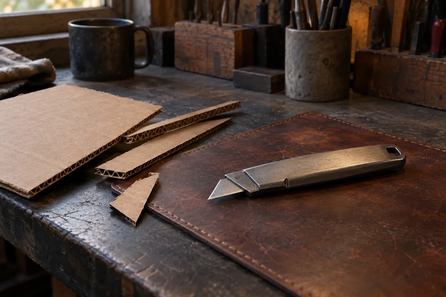 Plain utility knife lying on a leather pad beside cut sheets and strips of corrugated cardboard on a dark shop bench.
