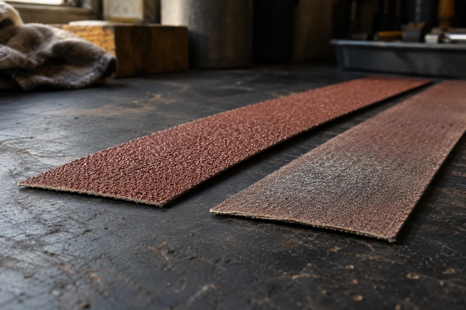 Fresh red-brown abrasive belt strip beside a worn, greyed strip with flattened grain, shot low across a dark bench.