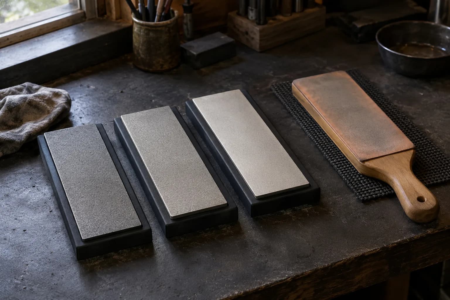 Three diamond sharpening plates in black holders beside a wooden paddle strop on a rubber mat, on a dark shop bench.