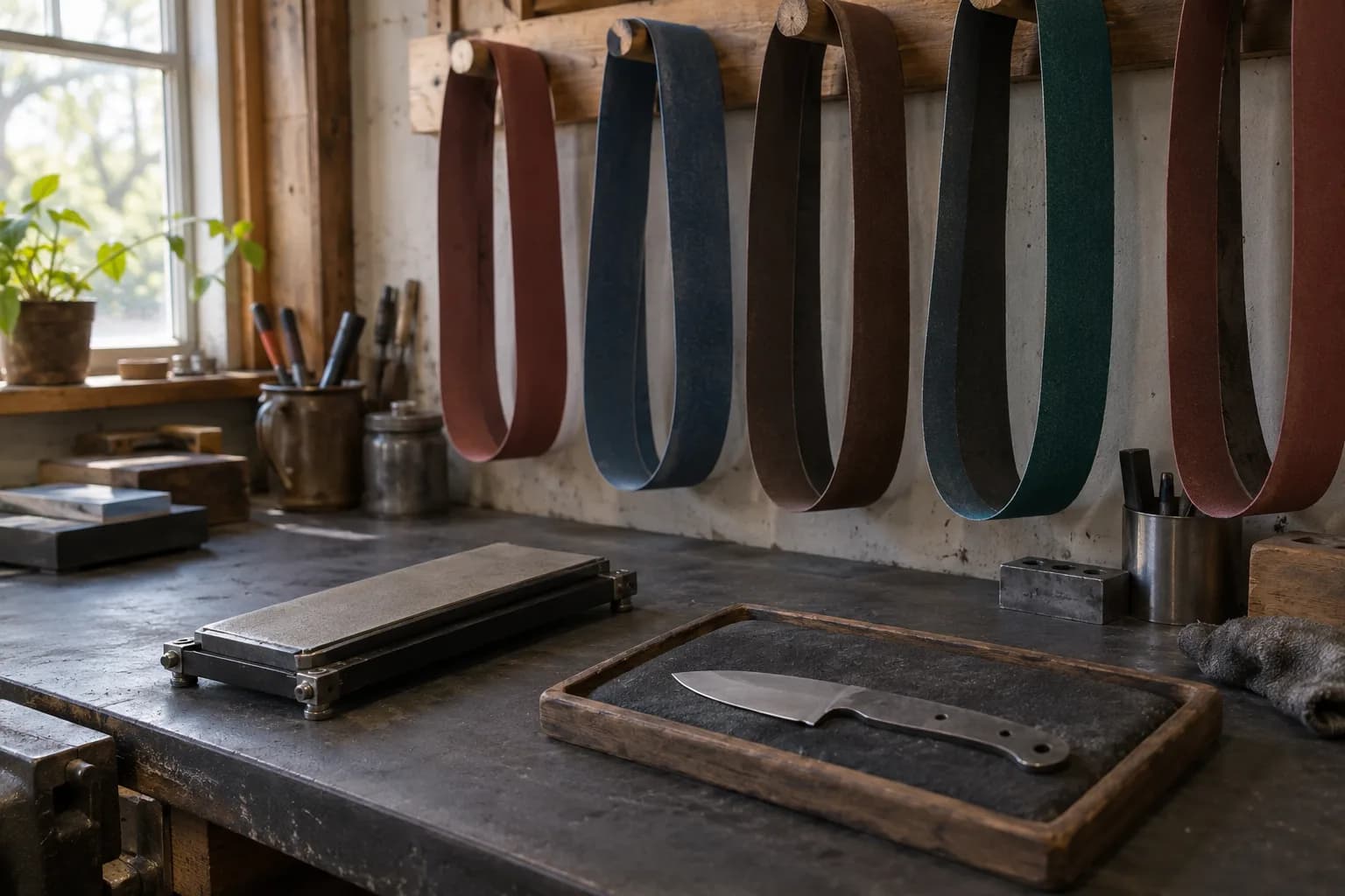 Five abrasive belts hang in loops from wall pegs above a diamond plate and a knife blank on a padded wooden tray.