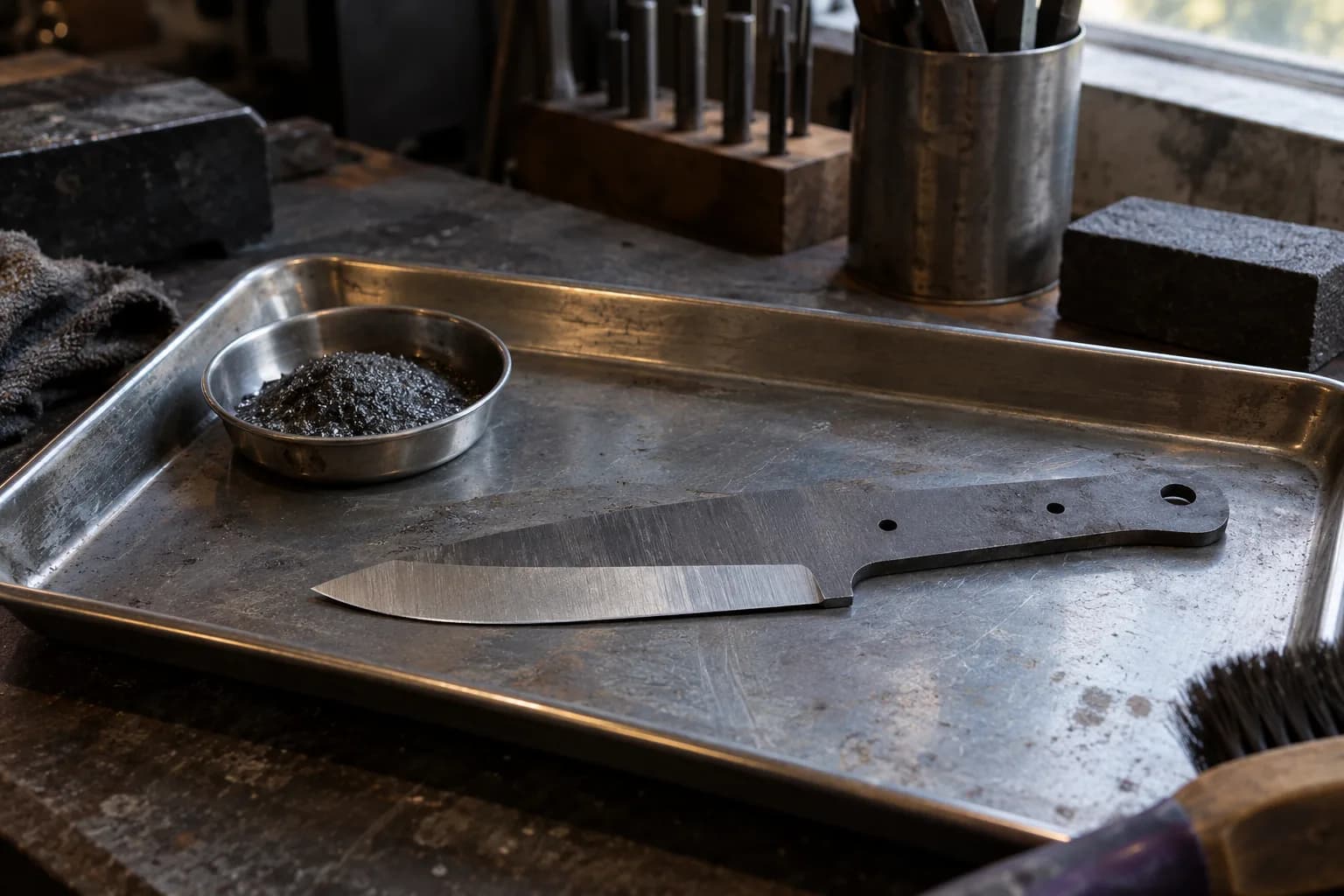 Gray utility knife blank with a straight bevel lying on a steel tray beside a small bowl of dark metal grinding swarf.