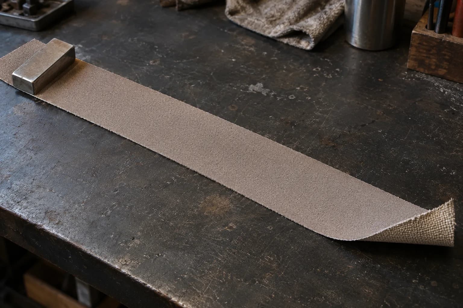 Long flat strip of tan ceramic abrasive belt held by a steel block, one corner curled up to show its woven cloth backing.