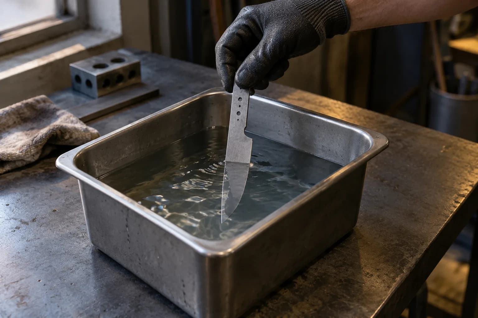 Gloved hand holding a knife blank by the tang, blade pointing down into a pan of clean water on a steel bench.
