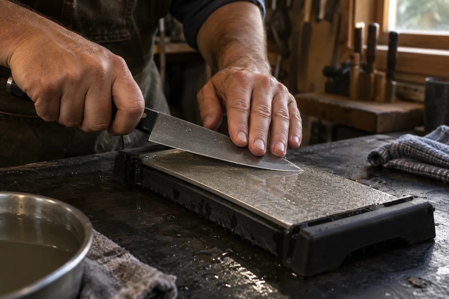Hands draw a chef-style knife across a wet, finely granular diamond plate in a black holder, with a water bowl and towel nearby.
