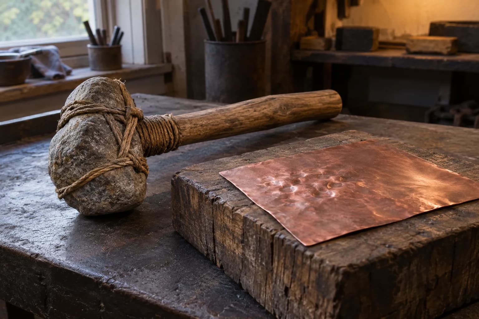 Stone hammer lashed with cord to a wood handle beside a hammered copper sheet on a wood block