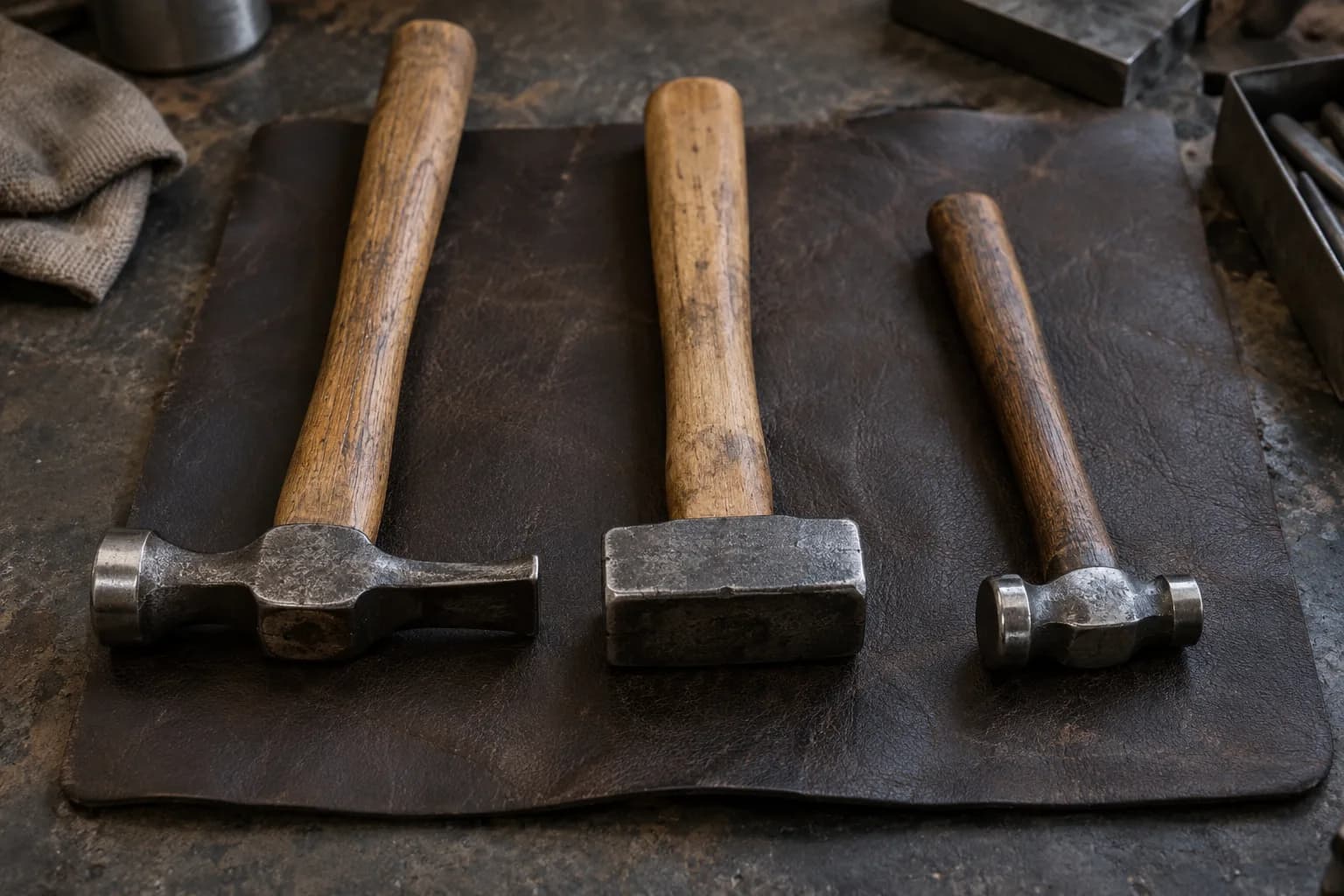 Three hammers on a leather pad: a wedge-peen hammer, a block-headed set hammer and a small double-faced hammer