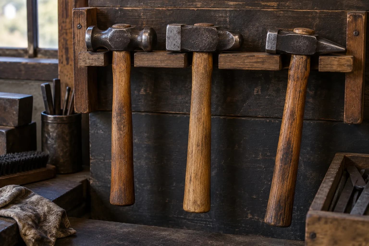 Three hand hammers with different heads, including a dog-head and a cross-peen, hanging handles-down from a wood rack.