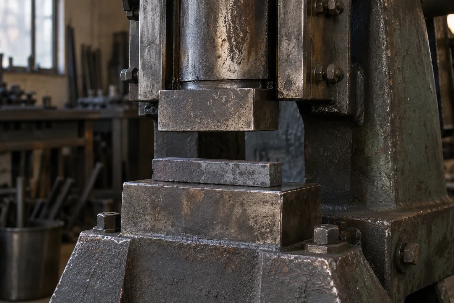 Cold power hammer with its upper die raised over a short steel bar resting on the lower die, on a heavy bolted cast frame