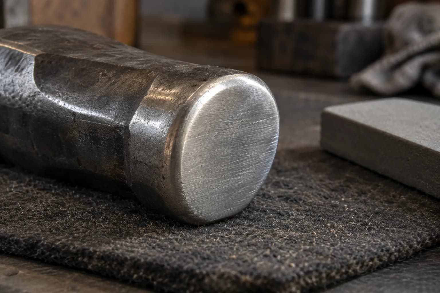 Close view of a cold forged hammer head with a smooth, lightly scratched round face resting on dark felt beside a gray stone.