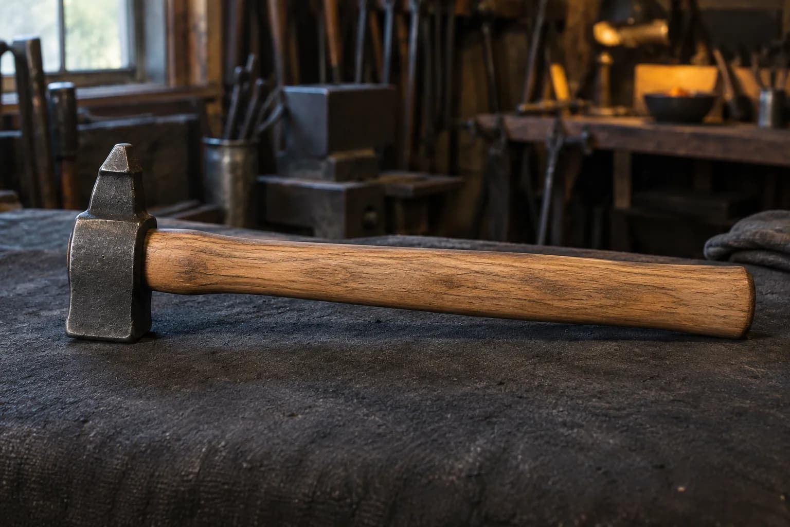Cross-peen forging hammer with a straight wooden handle lying on a dark felt pad in a cluttered smithy