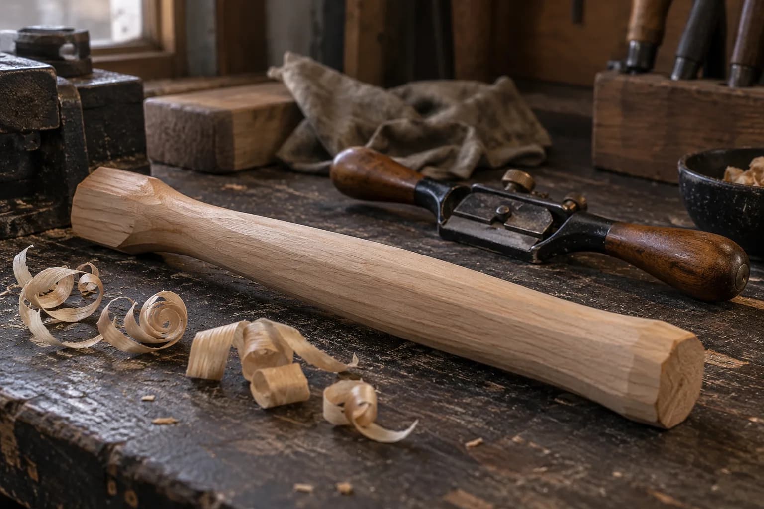 Raw hickory hammer handle shaped to a faceted oval grip, lying on a bench beside a spokeshave and curled shavings.