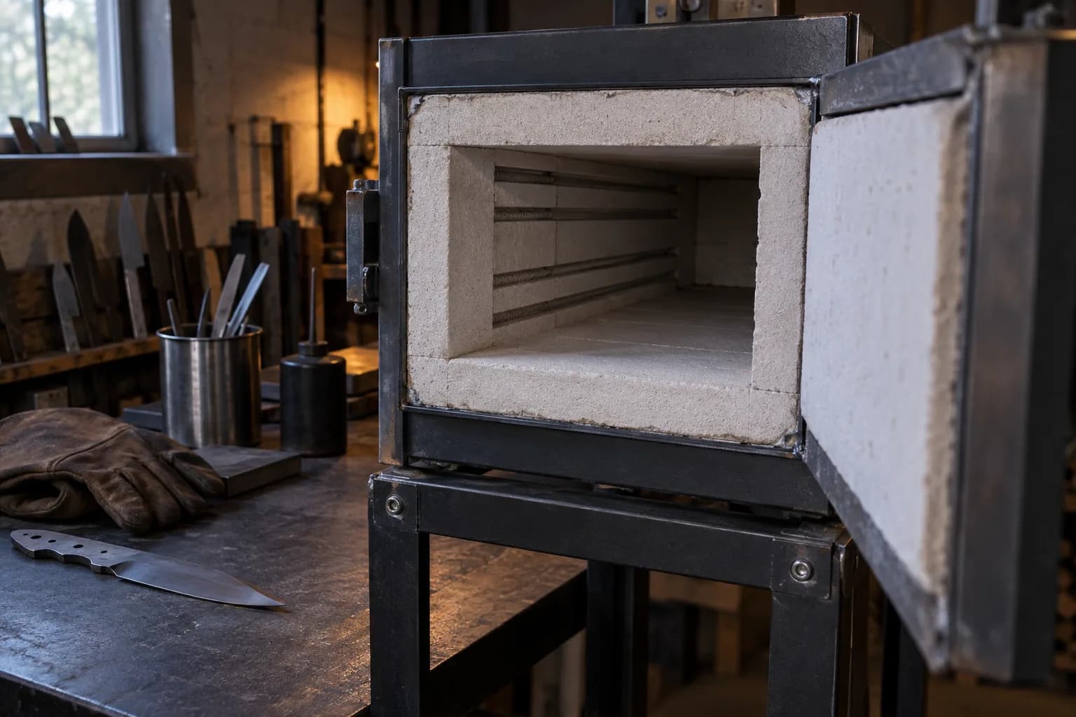 Open, cold heat-treat kiln on a steel stand with a long narrow refractory chamber and element grooves; a blade blank and gloves on the bench.