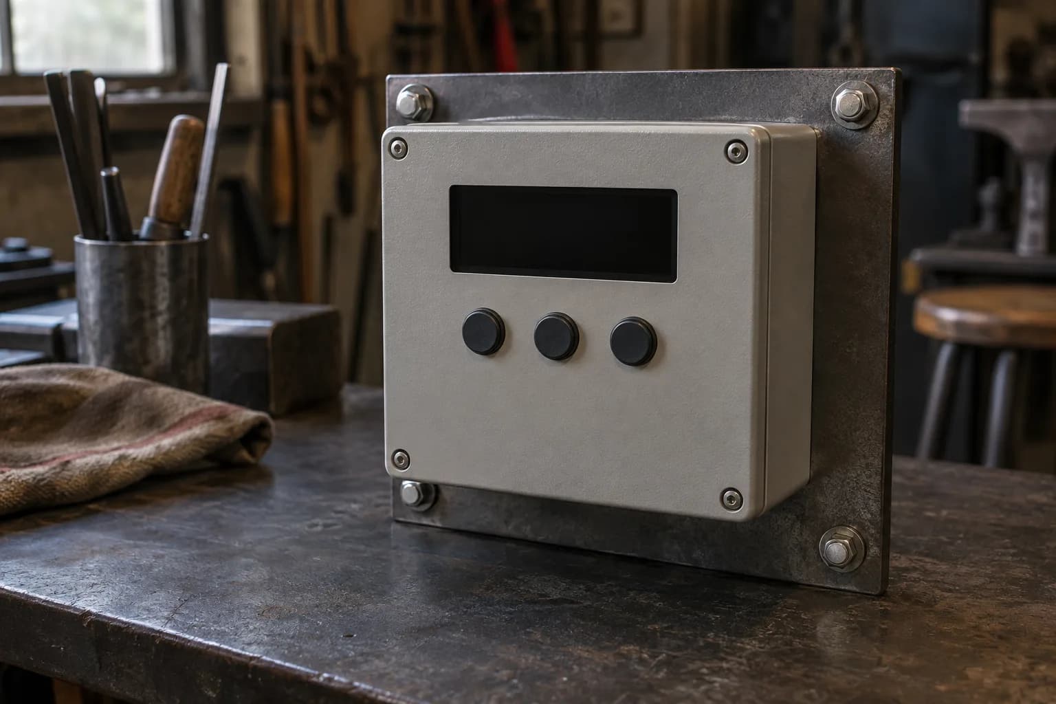 Closed grey kiln control box with a dark blank display and three unmarked buttons, bolted to a steel plate on a shop bench.