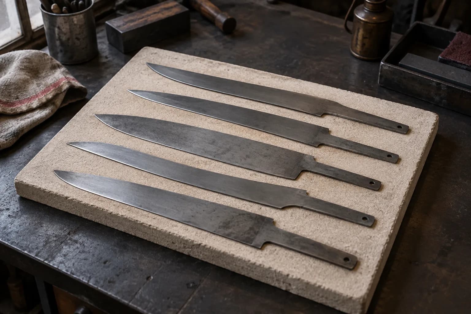 Five long cold knife blanks lie flat and separate on a pale refractory slab on a dark steel bench.