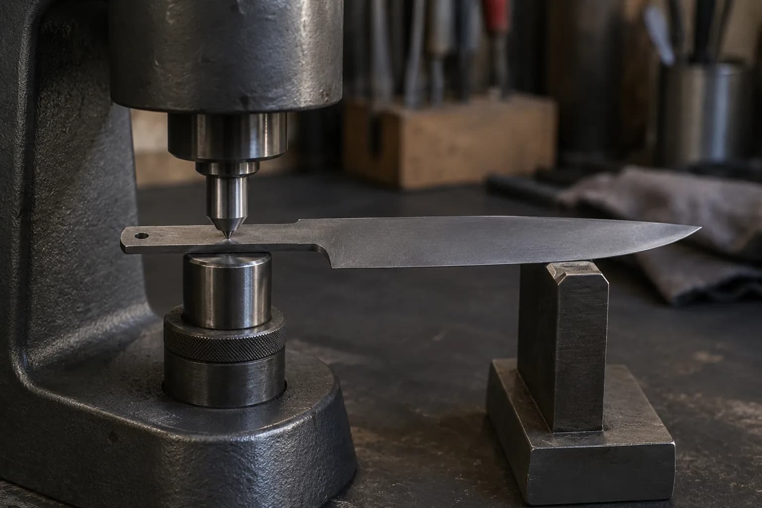 Knife blank with its tang on a tester anvil under the indenter tip, blade tip resting level on a steel stand.