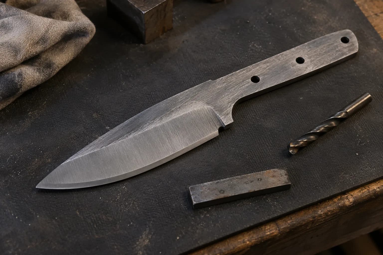 Profiled knife blank with three drilled tang holes and rough bevels beside a drill bit and a steel offcut on a dark bench.