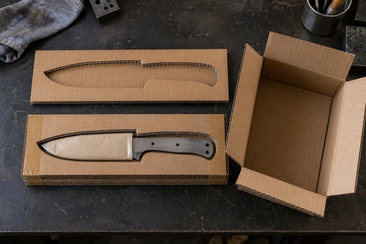Paper-wrapped knife blank in a cutout in stacked corrugated cardboard, with a matching top layer and open box beside it.
