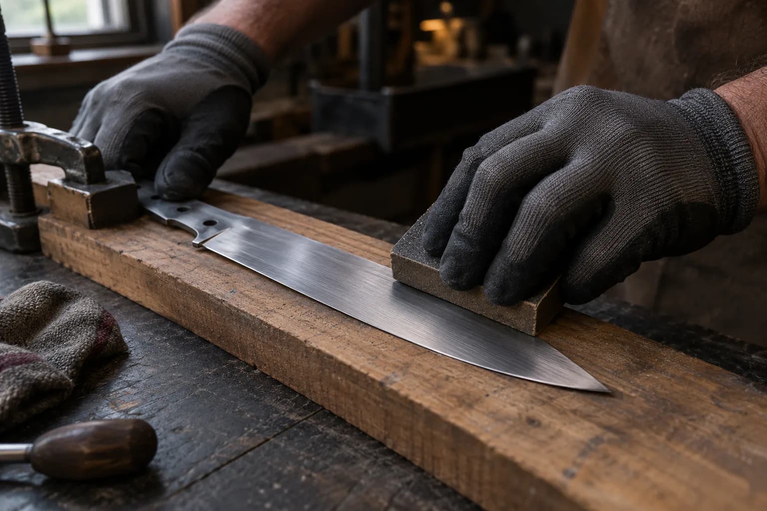 Gloved hand sanding a knife blade face lengthwise with an abrasive block, tang clamped to a wooden board.