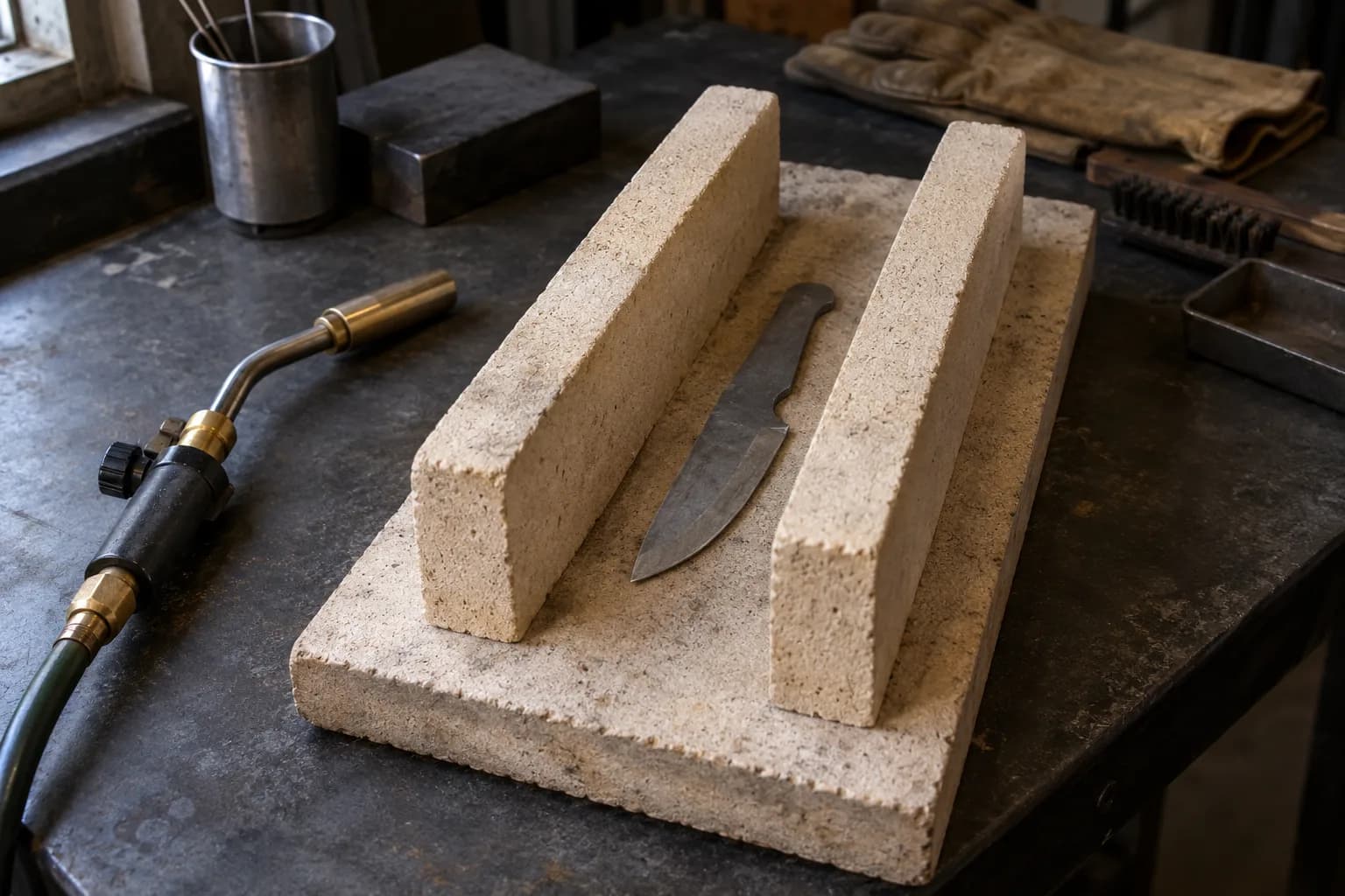Gray knife blank lying flat on a firebrick slab between two upright soft firebricks, unlit torch beside it on a steel bench.
