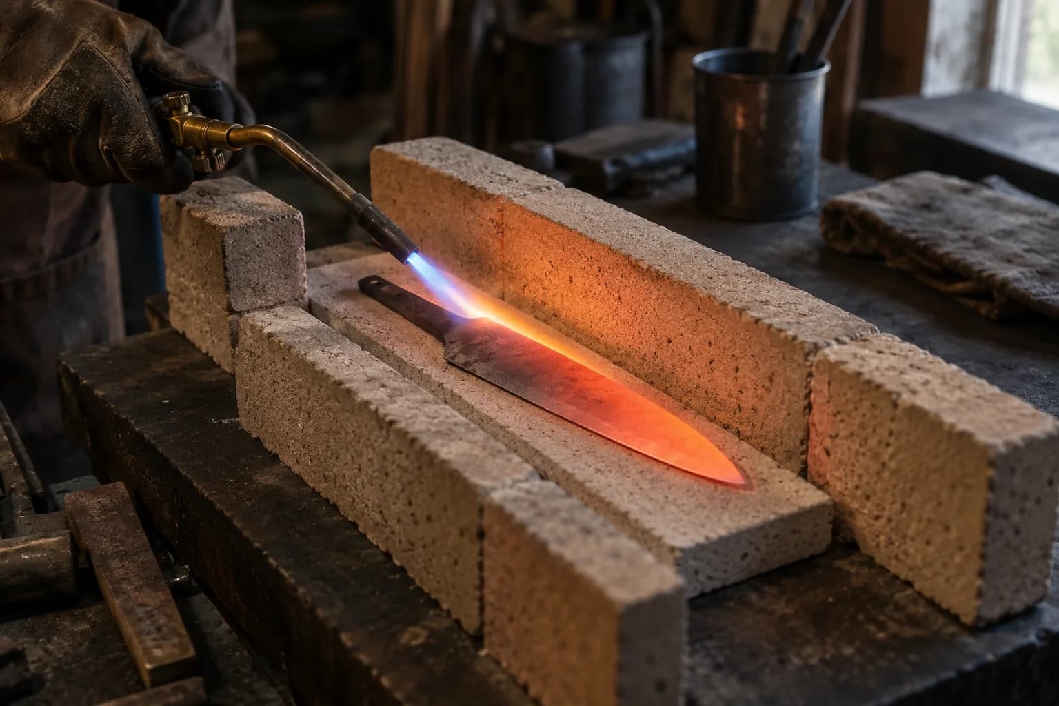 Gloved hand aims a blue torch flame along a glowing red-orange knife blank lying in a firebrick channel on a worn bench.